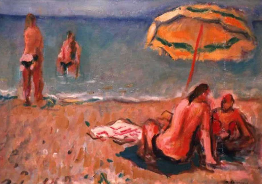 Sulla spiaggia, 1980-’81, olio su tela, cm 50x70, Amalfi, collezione privata